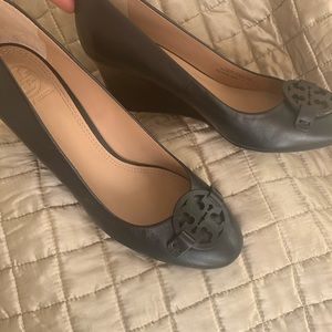 Black Leather Tory Burch Wedges